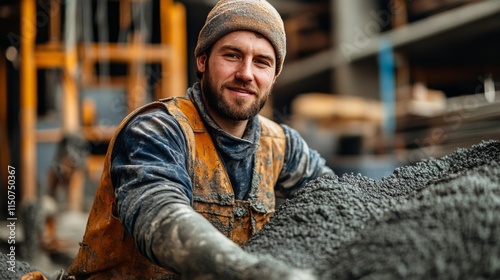 Skilled worker mixing materials at construction site during daylight