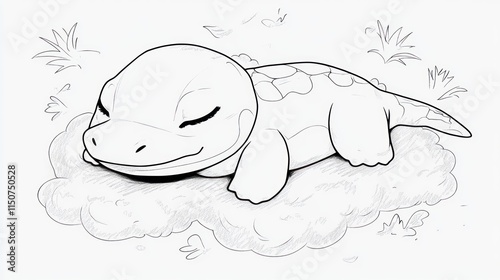 Cartoon Platypus Napping on Cloud - Coloring Book Page for Kids photo