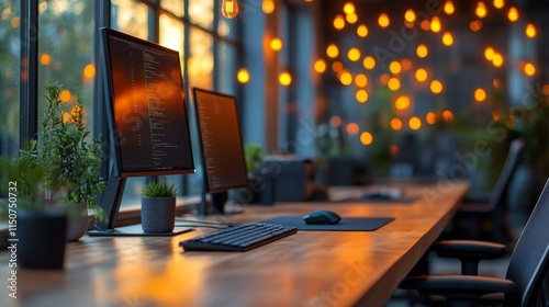 Home workspace with a computer setup during sunset hours creating a cozy atmo...