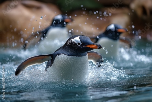 Penguins swimming joyfully in clear water at an aquarium during daylight hours