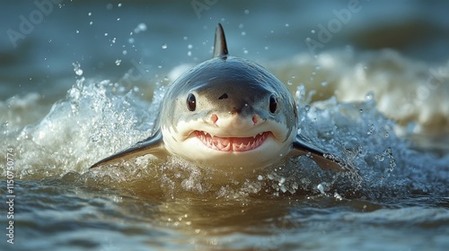 Shark swimming through shallow water with splashes at dawn in coastal area