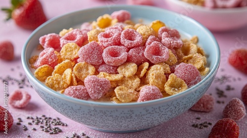 Colorful fruit bowl with berries and cereal prepared for a healthy breakfast