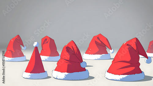 Set of red Christmas Santa Claus hats isolated on white background. Hand drawn simple Santa hats.