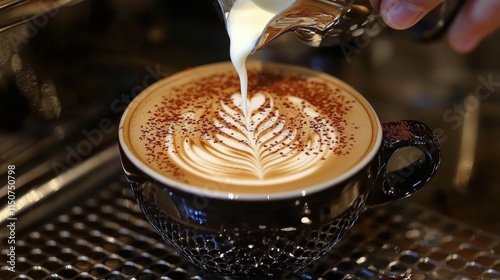 Expert barista creates latte art with intricate design in a cozy cafe setting