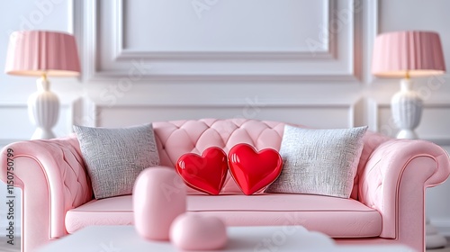 Two red hearts resting on a pink sofa in a white-themed living room, complete with decorative elements like pillows and lamps--3D rendered scene photo