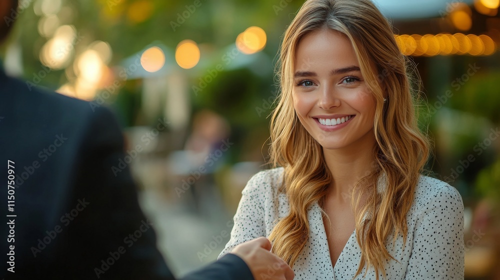 Professional handshake at sunset with a smiling businesswoman in a modern urban setting Professional handshake at sunset with a smiling businesswoman in a modern urban setting