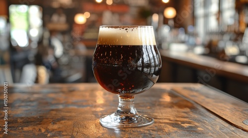 Dark beer served in a glass at a cozy bar setting for a relaxing evening