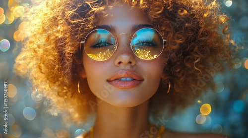 Young woman with curly hair and sunglasses enjoying a sunny day outdoors with...