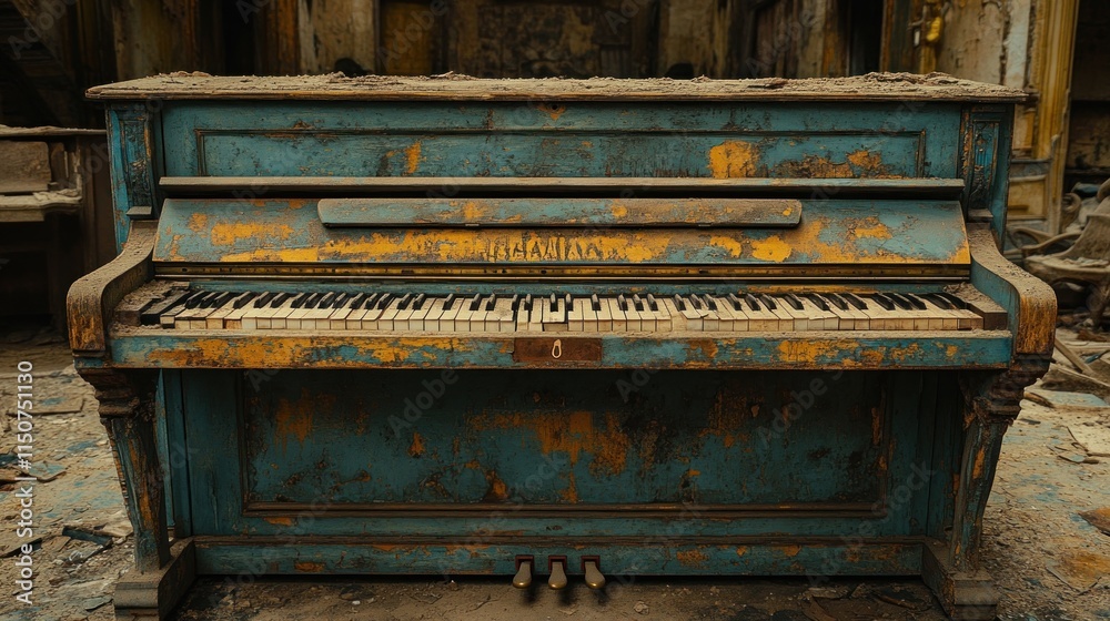 An old, weathered piano in an abandoned space, showcasing neglect and decay. An old, weathered piano in an abandoned space, showcasing neglect and decay.