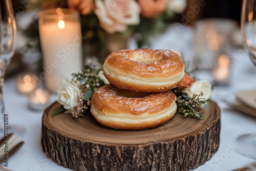 Freshly baked sweet doughnuts on wooden serving tray with powdered sugar spri...
