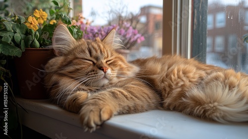 Cat resting peacefully on a windowsill near potted plants in a cozy indoor se...