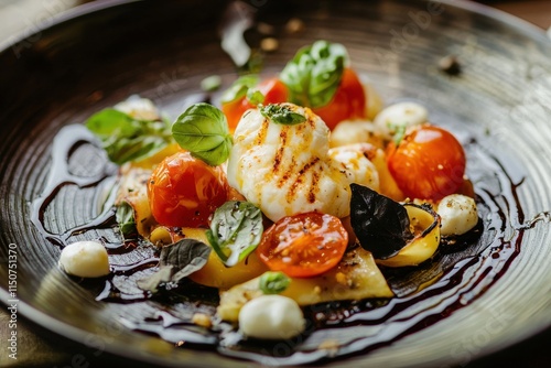 Pasta plate garnished with roasted tomato and mozzarella in a professional setting.