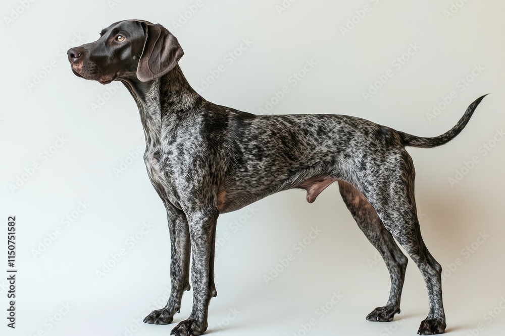 Sleek spotted dog standing proudly against a plain background in a well-lit setting Sleek spotted dog standing proudly against a plain background in a well-lit setting