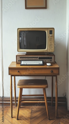 Vintage computer setup with monitor and keyboard on a wooden desk