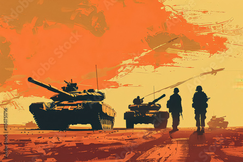 Group of soldiers are walking in front of a tank. The soldiers are wearing camouflage and the tank is orange. The sky is orange and the sun is setting