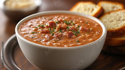 Delicious bowl of thick bean soup served with fresh bread on a wooden table d...