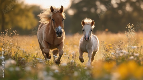 Horses running freely at sunset in a serene pastoral setting with a young foal