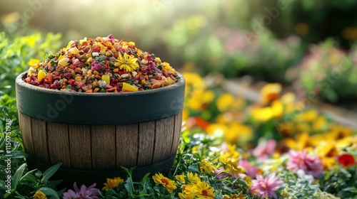Colorful flower pot filled with organic mulch surrounded by vibrant blooms in...