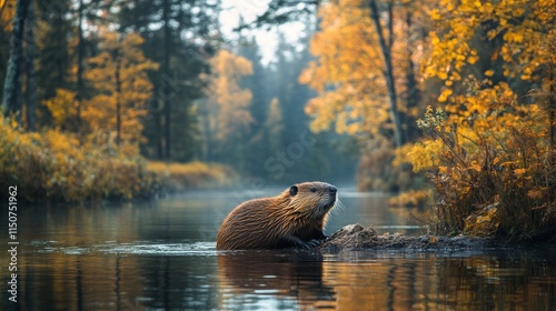 Beaver builds dam in autumn along tranquil riverbank surrounded by vibrant fo...