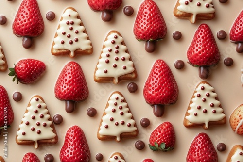 Colorful festive cookies and strawberries arranged on a light surface during ...