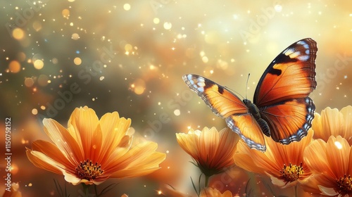Monarch butterfly feeding on orange blossoms in a vibrant garden during sprin...