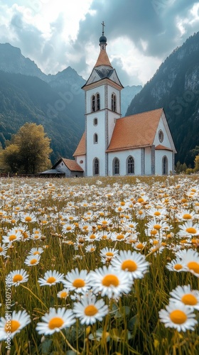 Charming white church surrounded by daisy-filled meadow in serene mountainous...