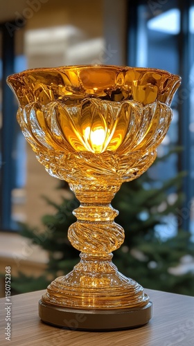 Golden trophy displayed on a pedestal surrounded by green foliage at a festiv...