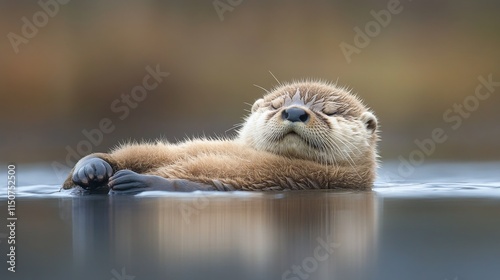 Playful otter swimming with paws raised in clear water under warm sunlight