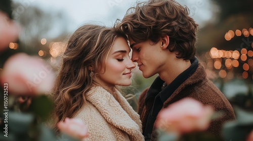Couple sharing an intimate moment among blooming roses at dusk with soft ligh...