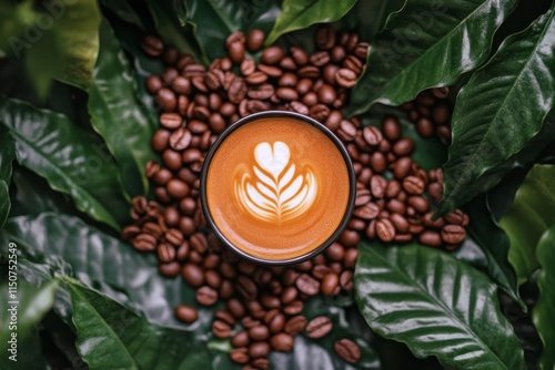 Rich coffee served in a dark cup surrounded by roasted coffee beans on wooden...