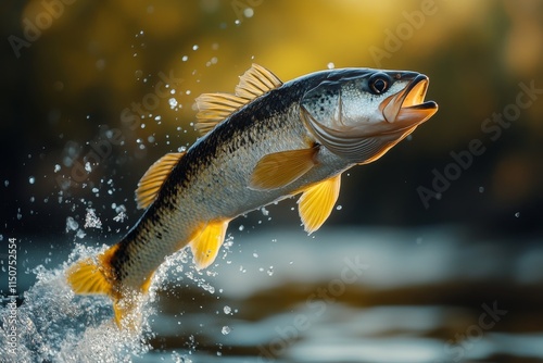 Brown trout leaps from the water creating splashes at sunset in a tranquil ou...