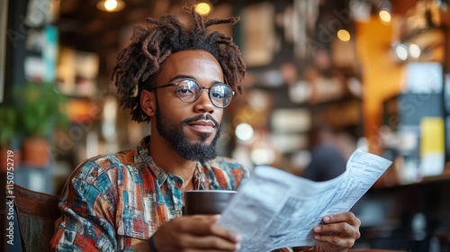 Man enjoying coffee at a cafe while reading a menu during daytime in a cozy a...