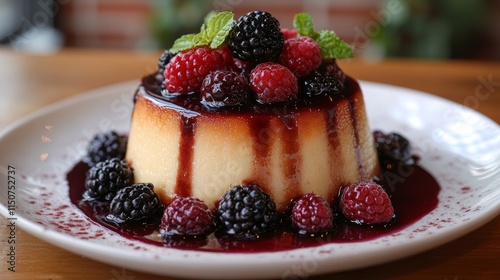 Delicious dessert with fresh berries and chocolate on a dark background