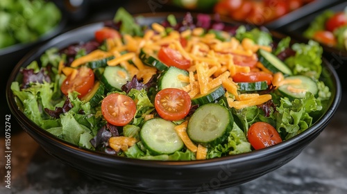 Fresh garden salad with cherry tomatoes and cucumbers served in a black bowl