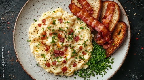 Breakfast featuring creamy mashed potatoes with bacon and toast served on a r...