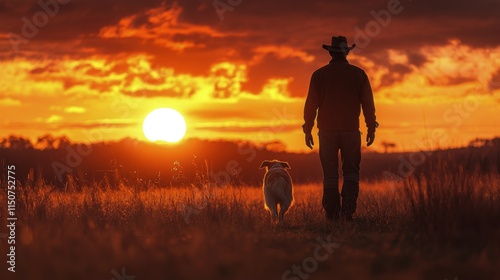 Man walks with dog at sunset on a field with flowers near countryside