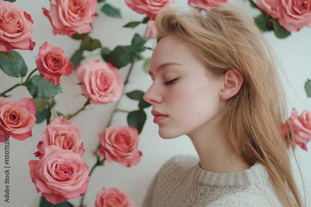 Naklejka premium Roses styled against a white minimalist backdrop for professional photography.