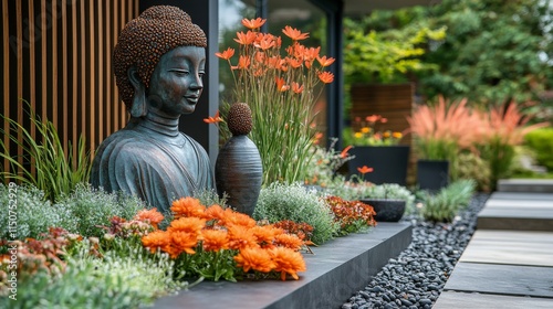 Serenity in a garden with a Buddha statue and vibrant flowers during daytime