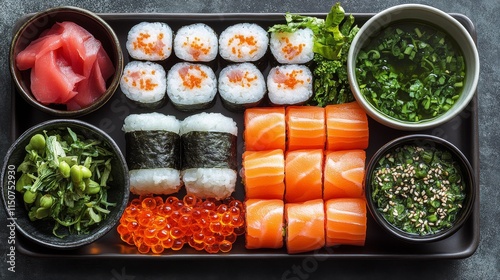 Sushi platter featuring assorted rolls, fresh fish, and side dishes served on...