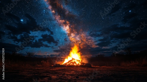 Campfire under a starry sky in the wilderness at night with a view of the Mil...