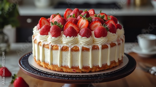 Fresh strawberry shortcake topped with whipped cream on wooden surface
