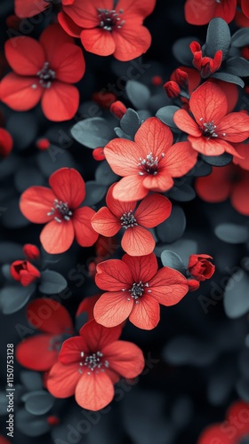 Vibrant red flowers blossom amidst lush green foliage in a serene garden setting