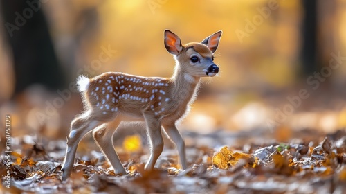 Fawn walking gracefully through autumn forest surrounded by fallen leaves