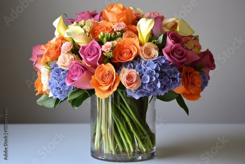 Bright floral arrangement with colorful roses and hydrangeas indoors in a gla...