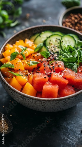 Refreshing fruit bowl with watermelon, mango, cucumber, and herbs on dark sur...