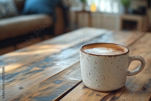 Warm cup of coffee on rustic wooden table in cozy indoor setting