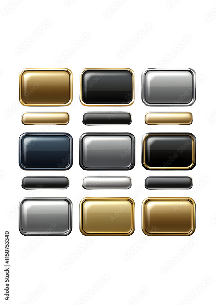 Modern UI metallic buttons set with gold, silver, and black tones Modern UI metallic buttons set with gold, silver, and black tones