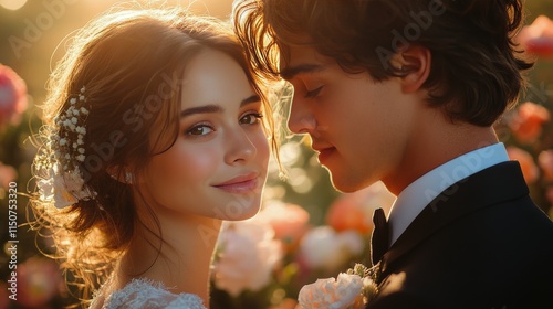 Couple exchanges smiles at their wedding ceremony in an elegant venue during ...