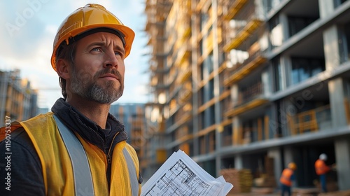 Construction worker evaluates project plans on site during golden hour at a m...