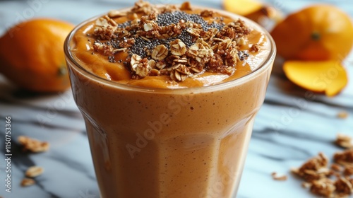 Creamy smoothie topped with granola and seeds garnished with juicy fruits on ...